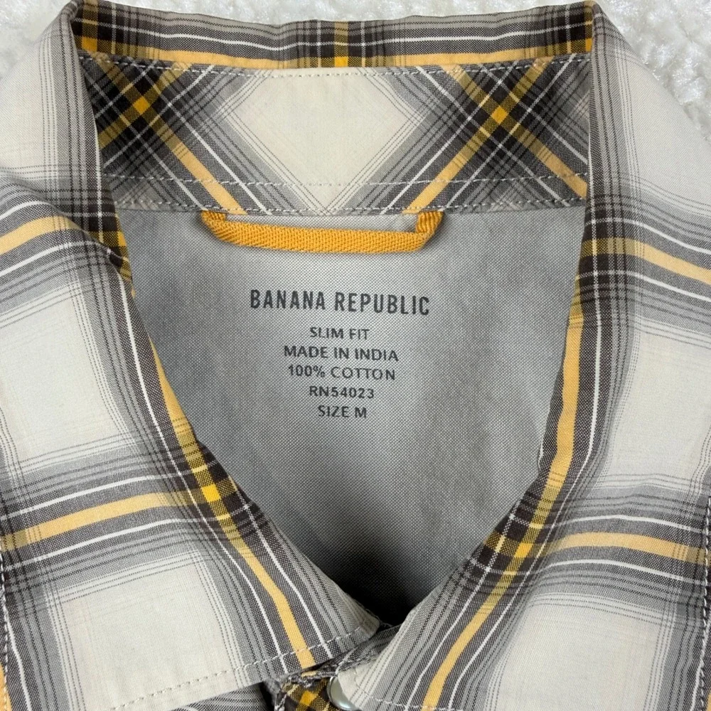 Banana Republic Mens Slim Fit Western Plaid Shirt Pearl Snap Grey‎ Yellow Size M
